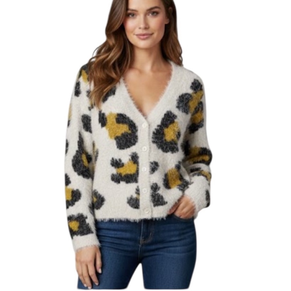 Topshop Women's Textured Leopard Spot Jacquard Eyelash Cardigan Sweater Size 0​